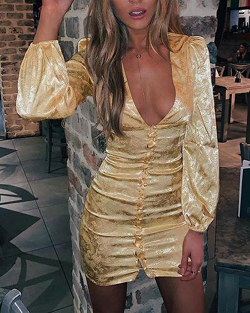 

Deep V Button Front Dress, Yellow