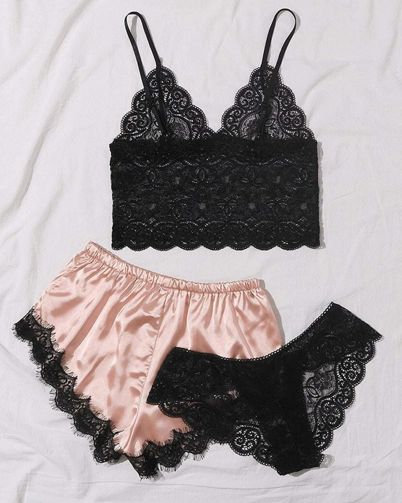 

3PCS Eyelash Lace Satin Cami Set, Pink