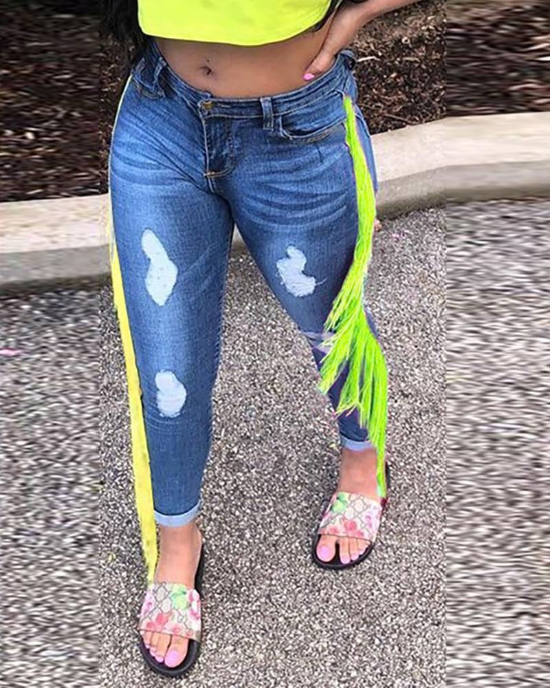 

High Waist Distressed Detail Fringed Jeans, Blue