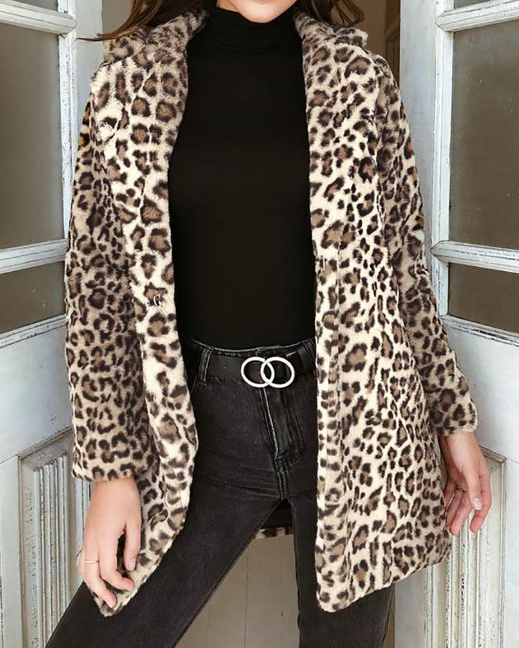 

Leopard Fluffy Open Front Coat, Light yellow