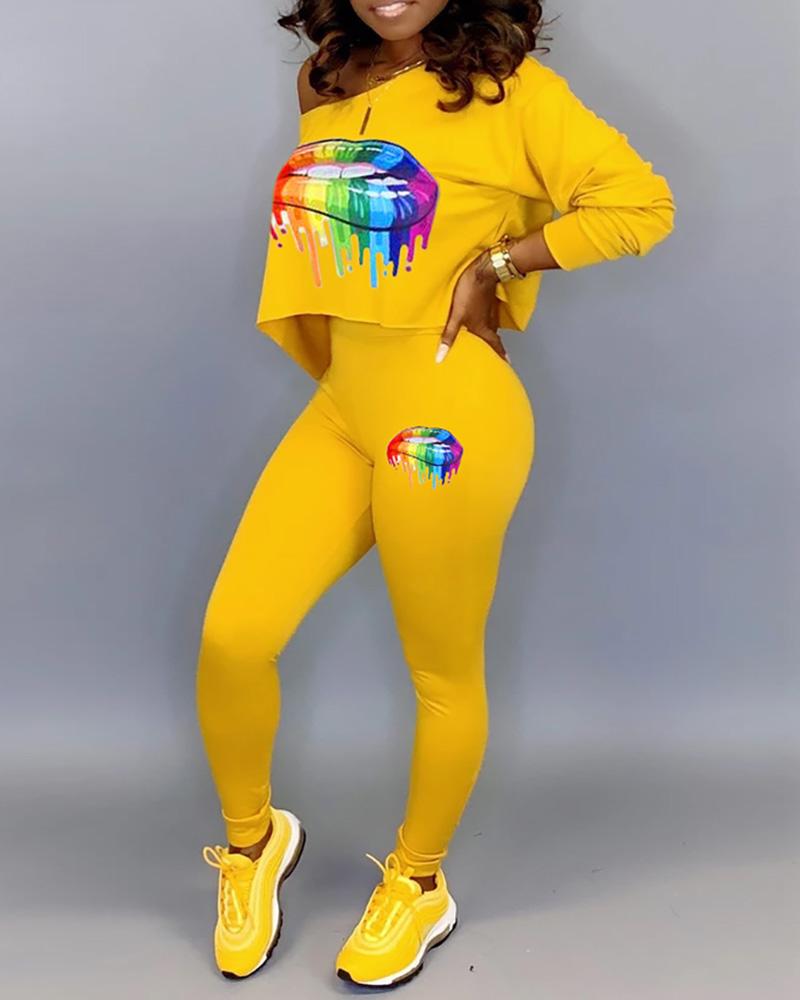 

Lips Print Long Sleeve Top & Pencil Pants Sets, Yellow