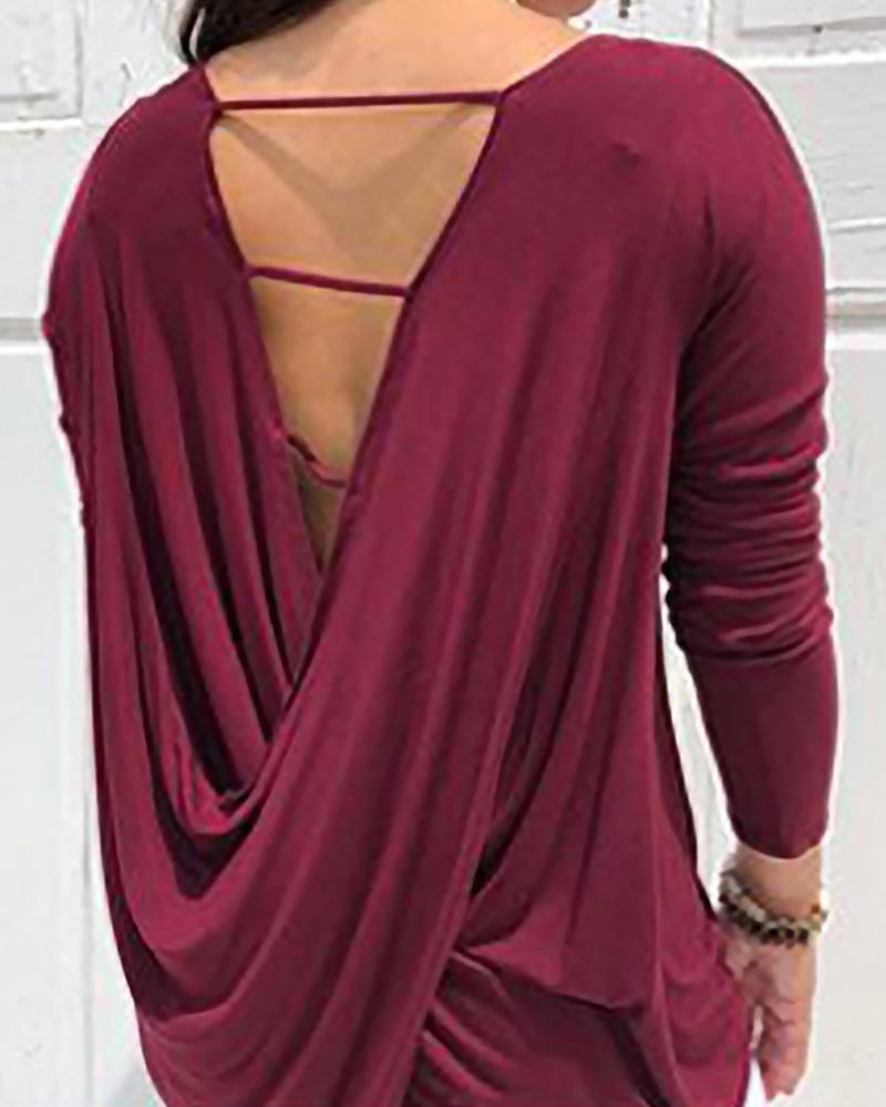 

Solid Cut Out Drape Back Long Sleeve Top, Wine red