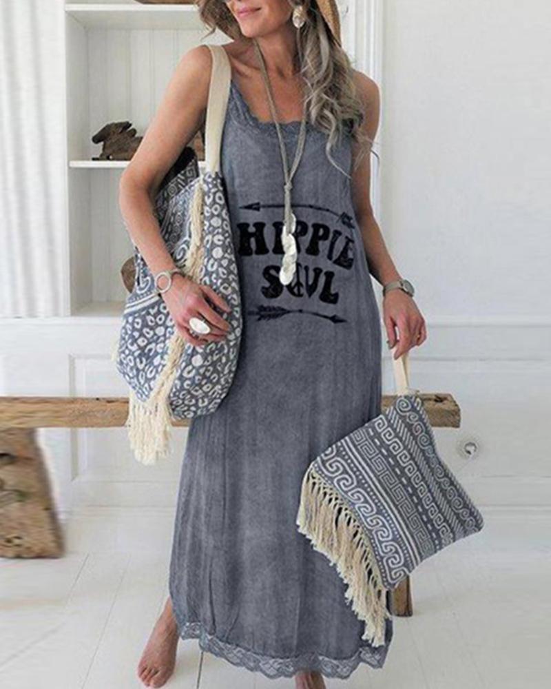 

Fashion women round neck lace sleeveless print maxi dress, Gray