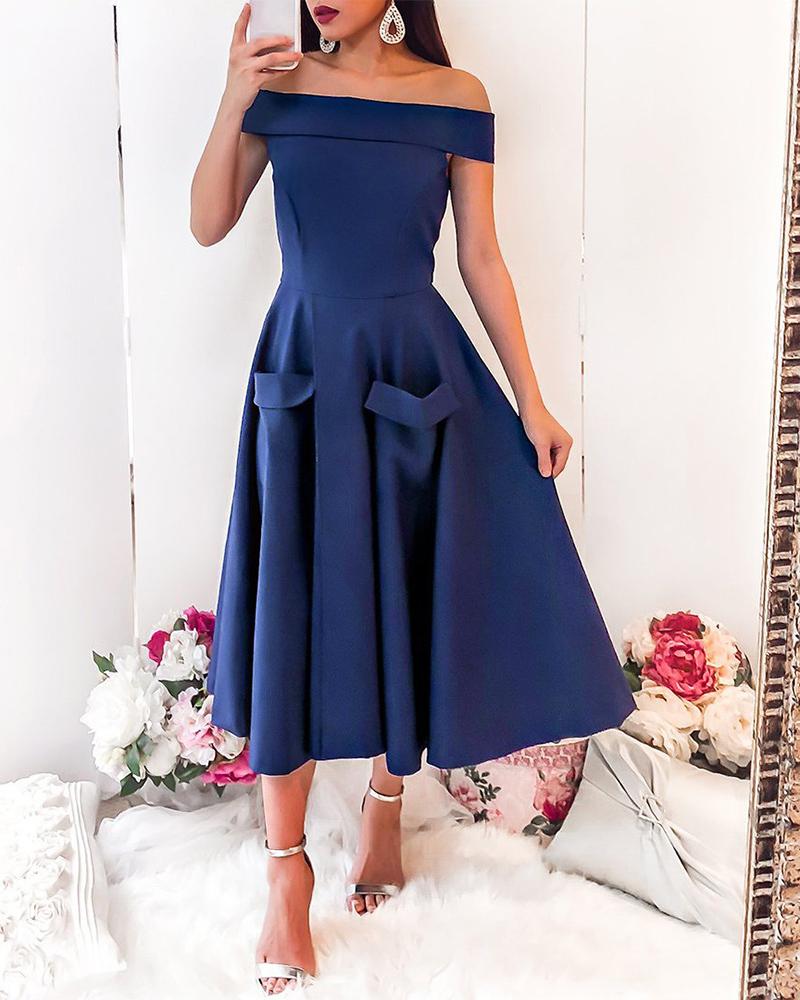 

Off Shoulder Ruched Zipper Back Bardot Dress, Blue