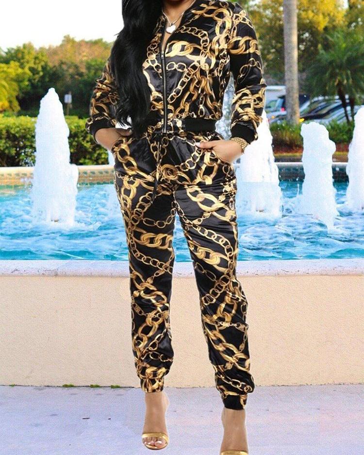 

Chain Print Long Sleeve Coat & Pant Sets, Gold