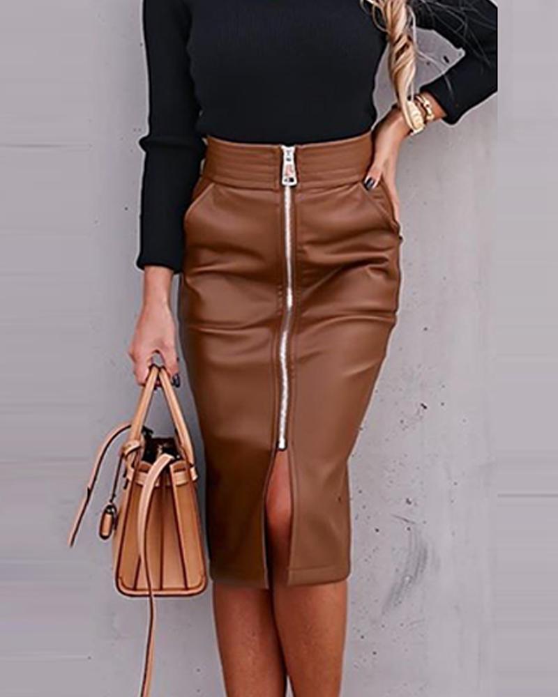 

Solid Color Leather Slit Midi Skirt, Brown