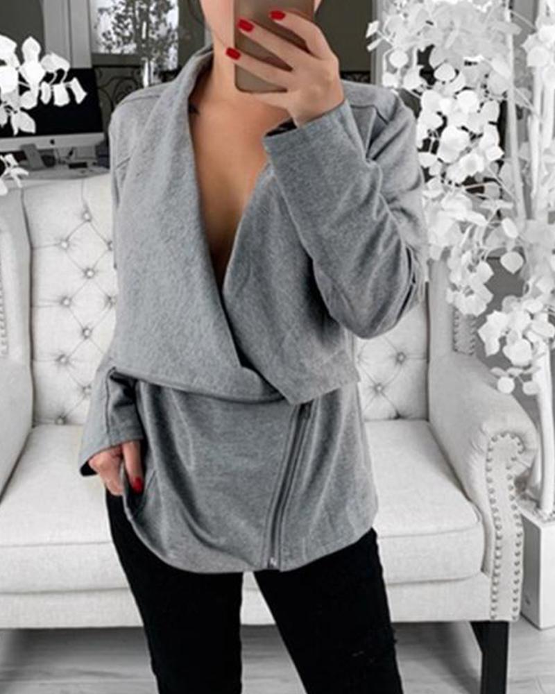 

Solid Asymmetric Long Sleeve Wrap Jacket, Gray