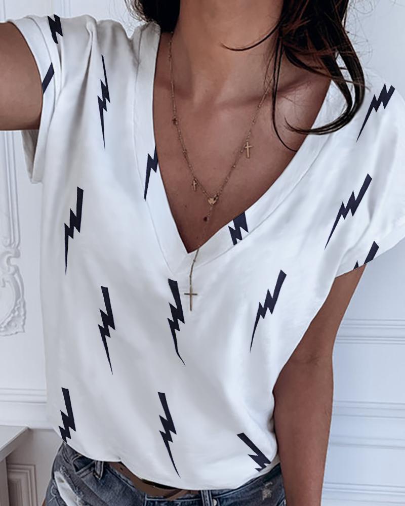 

Lightning Print V-neck Short Sleeve T-shirt, White