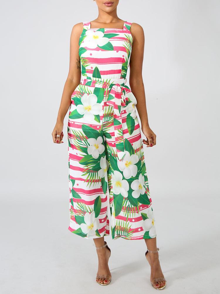 

Tropical Print Belted Backless Wide Leg Jumpsuit