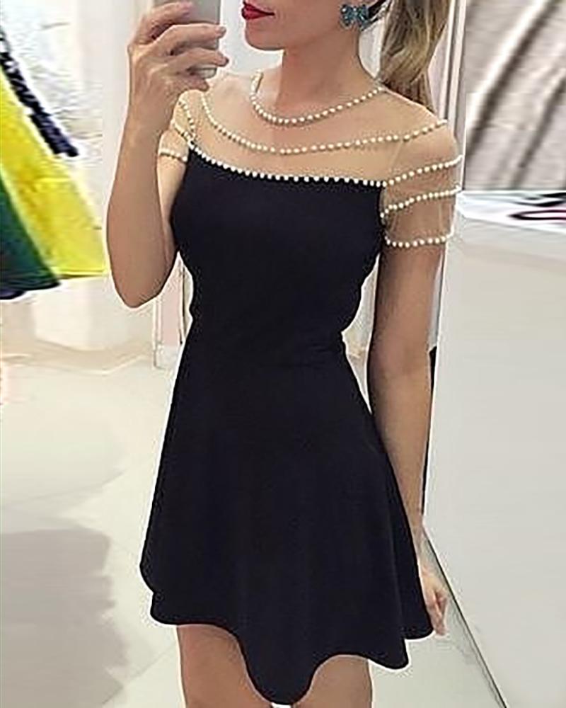

Sheer Mesh Beaded Mini Dress, Black