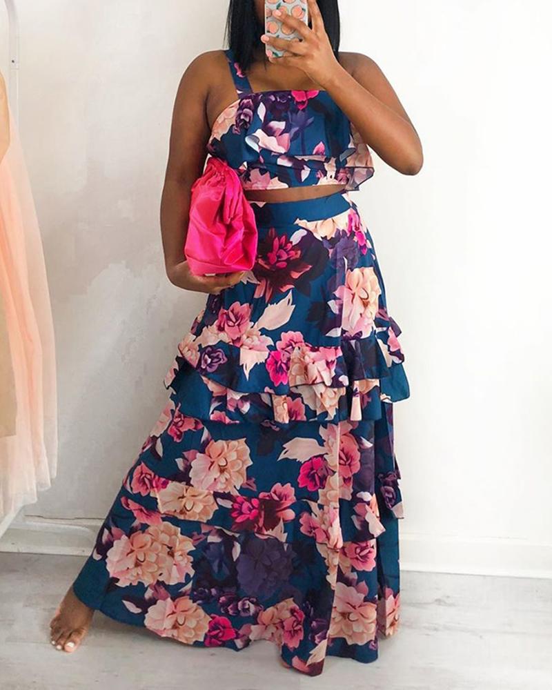 

Thin Strap Floral Print Top & Layered Ruffles Maxi Skirt Set, Dark blue