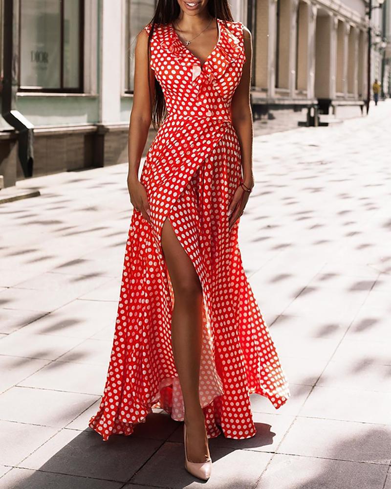 

Polka Dot Sleeveless Irregular Casual Dress, Red