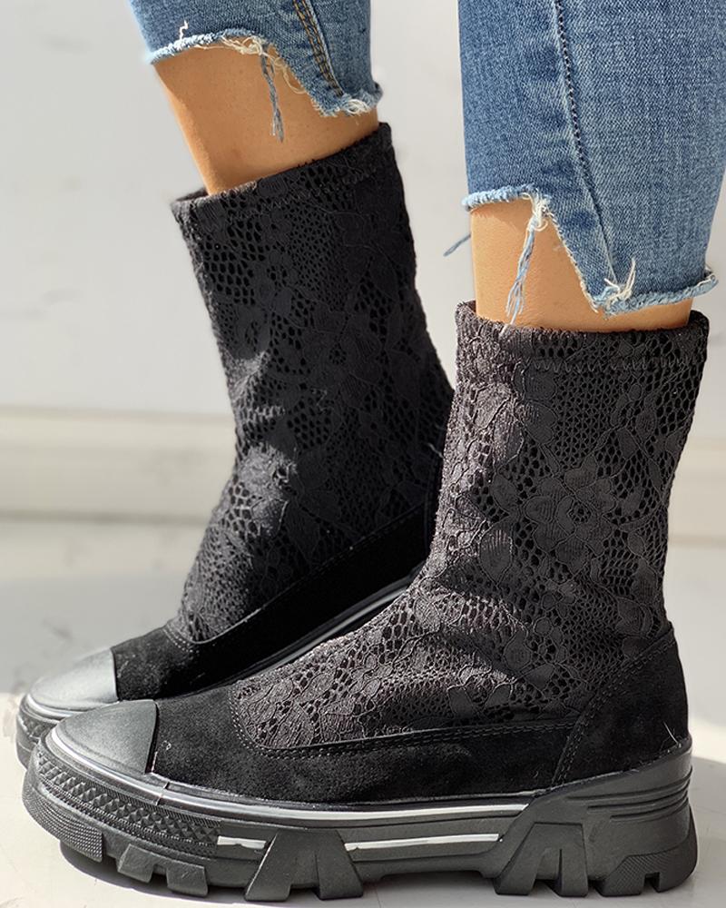 

Lace Suede Patchwork Boots, Black