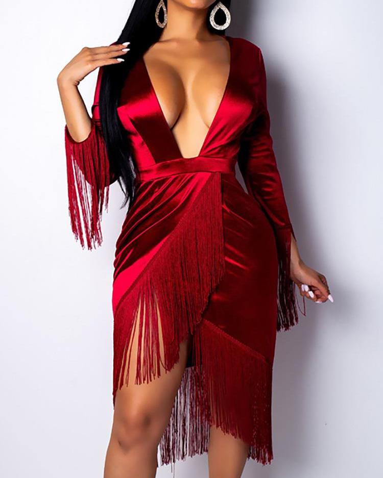 

Plunging Tassel Irregular Hem Party Dress