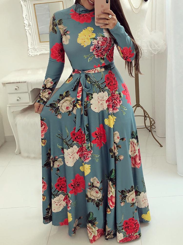 

Floral Print Long Sleeve Self-belt Maxi Dress