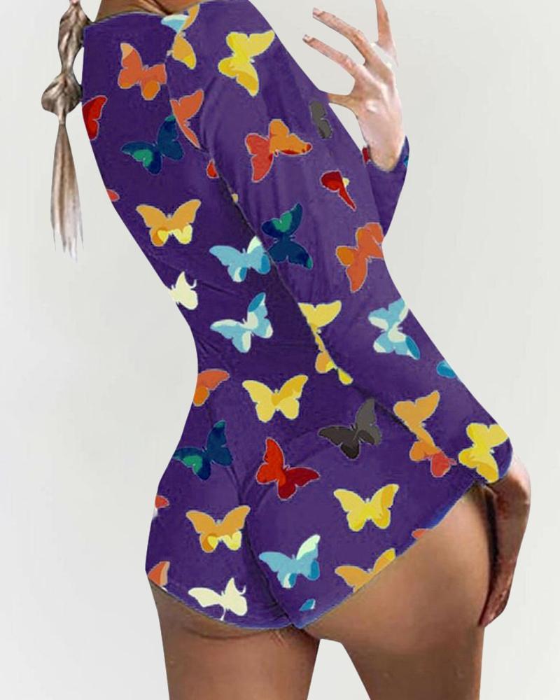 

Multicolor Butterfly Print Long Sleeve Skinny Romper, Purple