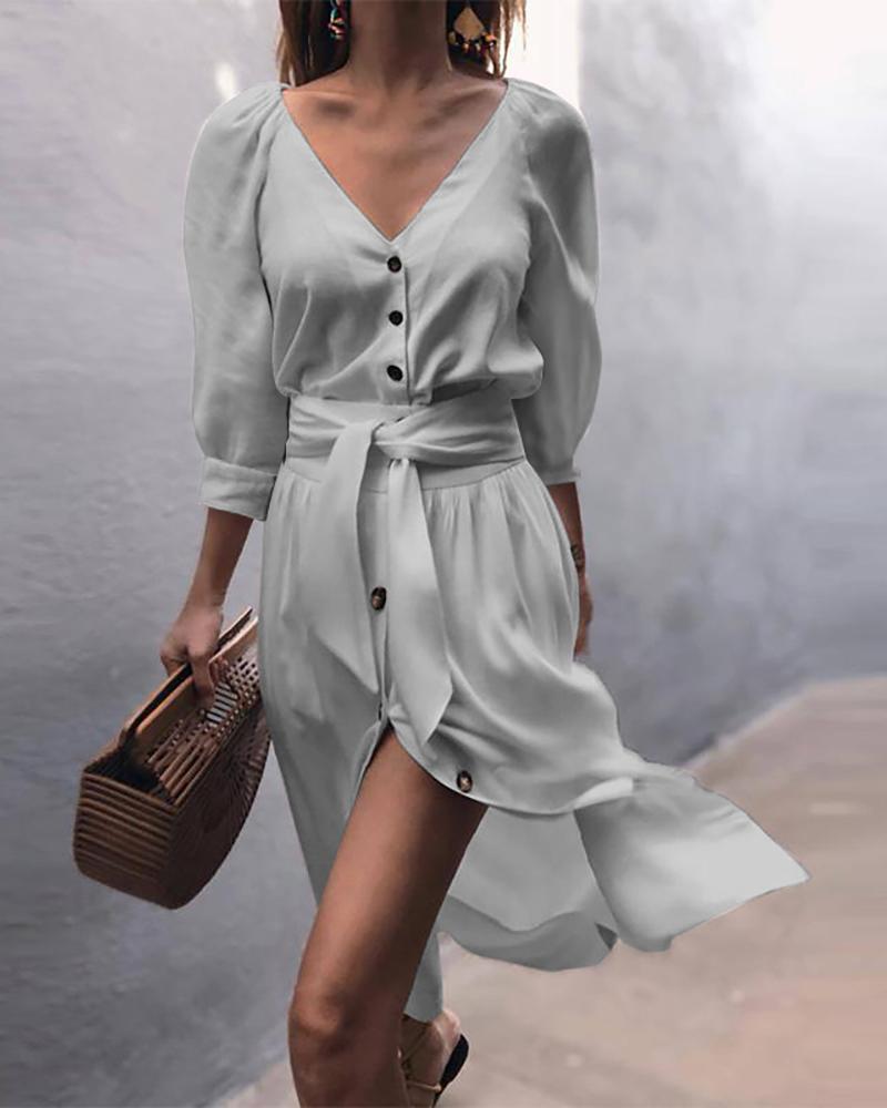 

Button Design Bandage V-neck Casual Dress, Gray