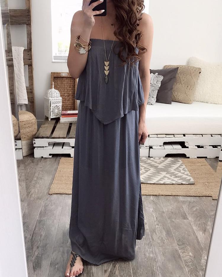

Women Spaghetti Strap Layered Pleated Maxi Dress, Dark grey