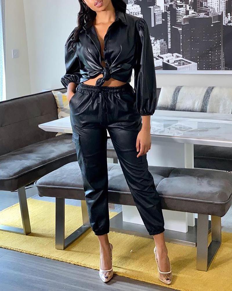

Solid PU Buttoned Crop Top & Pant Sets, Black