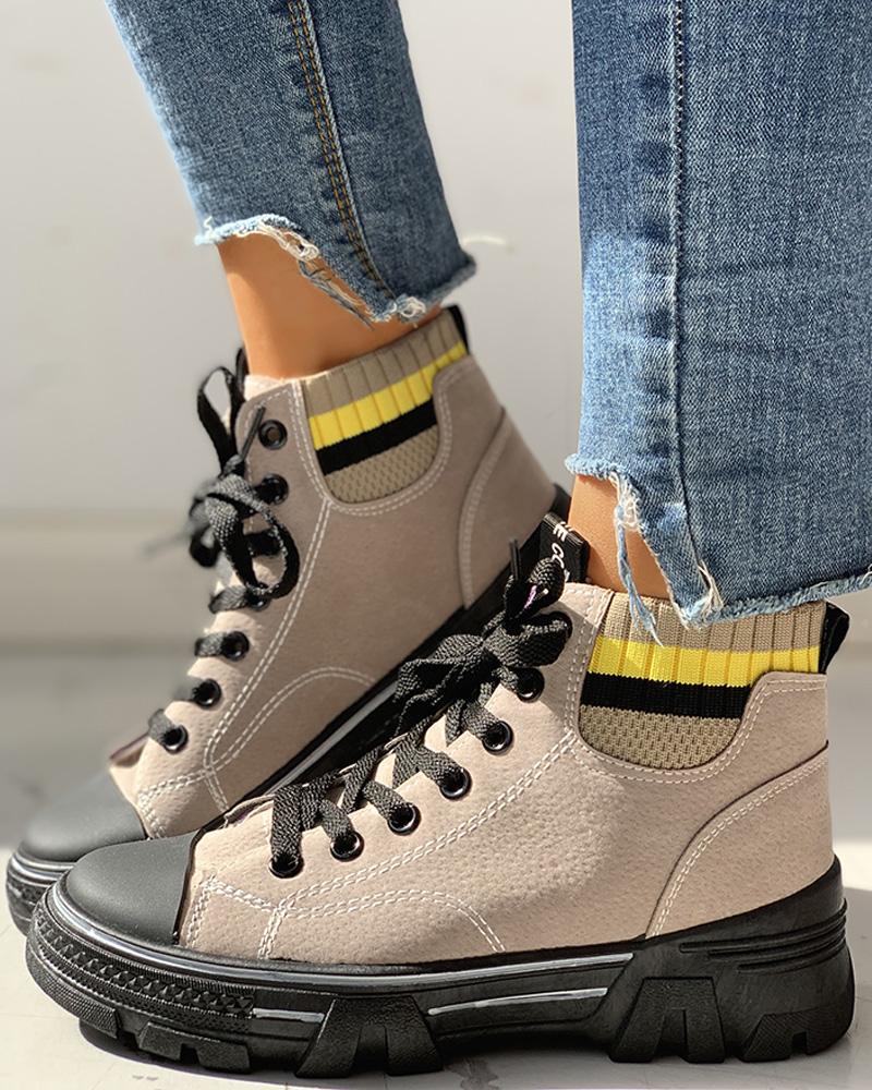 

Patchwork Lace-Up Casual Boots, Beige