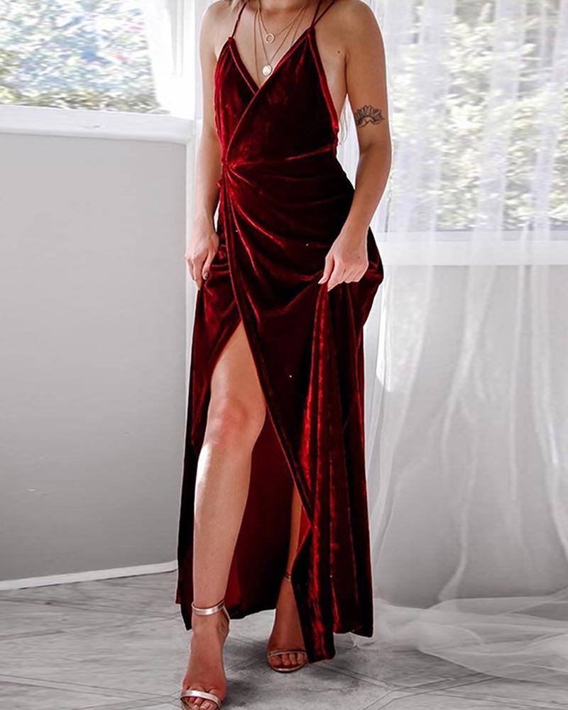 

Solid Velvet Backless Maxi Dress, Red