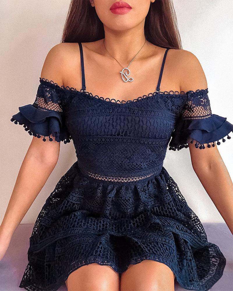 

Off Shoulder Lace Detail Mini Dress, Black