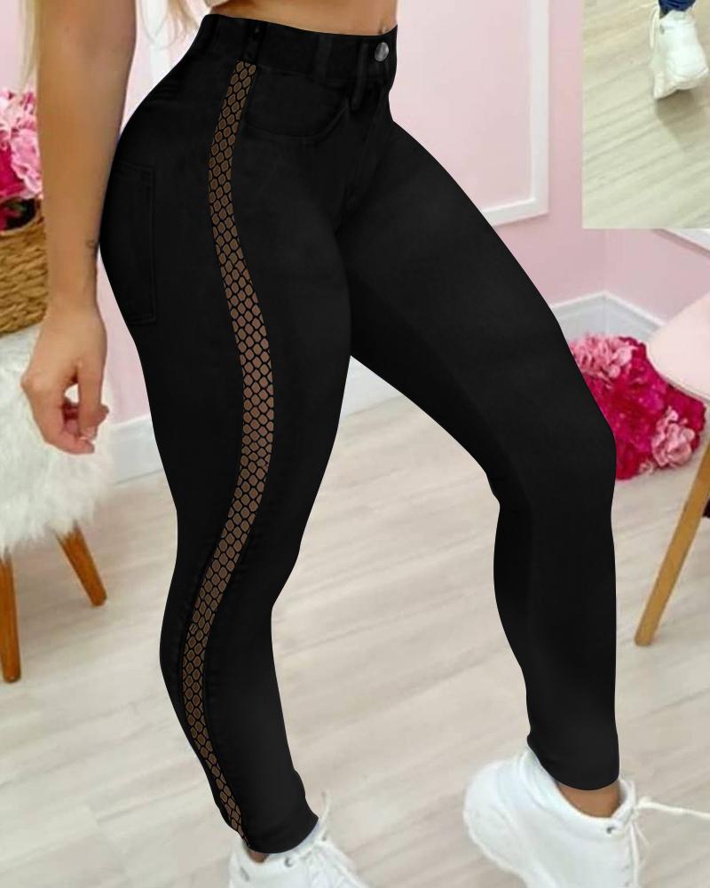 

High Waist Fishnet Side Skinny Pants, Black