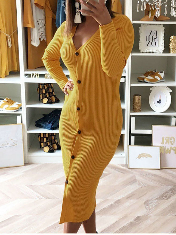 

Solid Button Up Long Sleeve Sweater Dress, Yellow