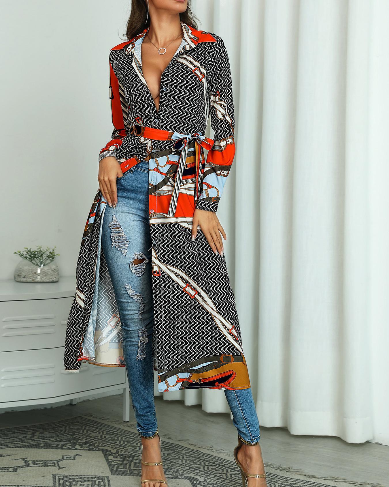 

Mixed Print Long Sleeve Belted Longline Coat, Multicolor