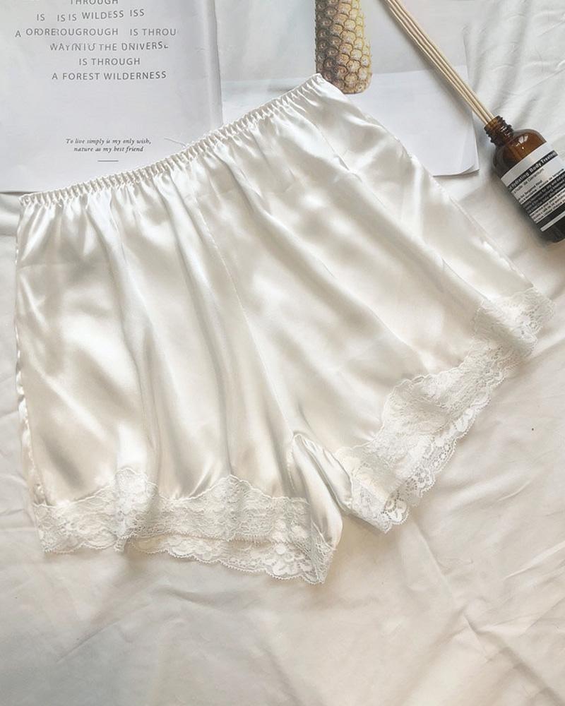 

Satin Lace Trim Homewear Shorts, White