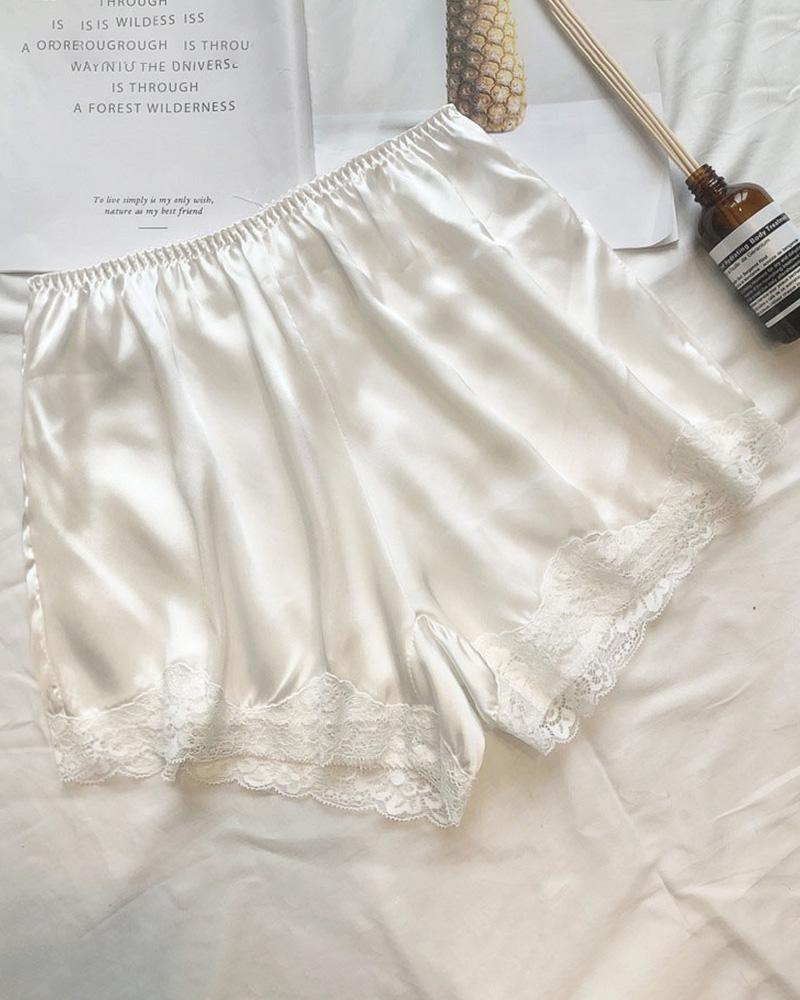 

Satin Lace Trim Homewear Shorts, White