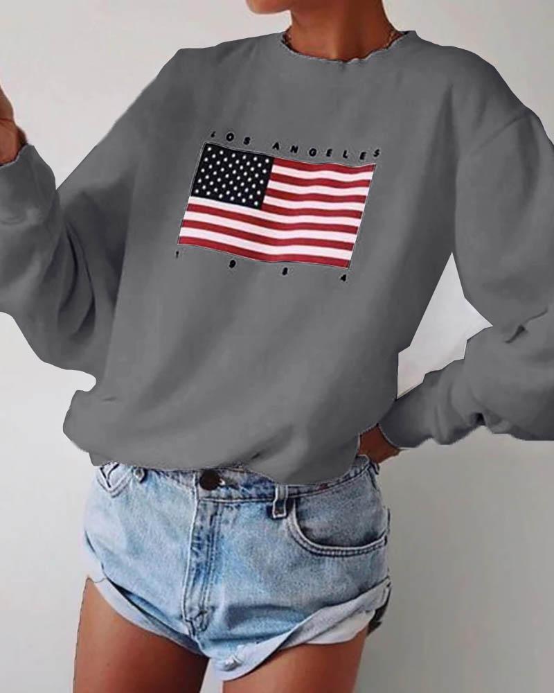 

American Flag Print Round Neck Casual Sweatshirt, Gray