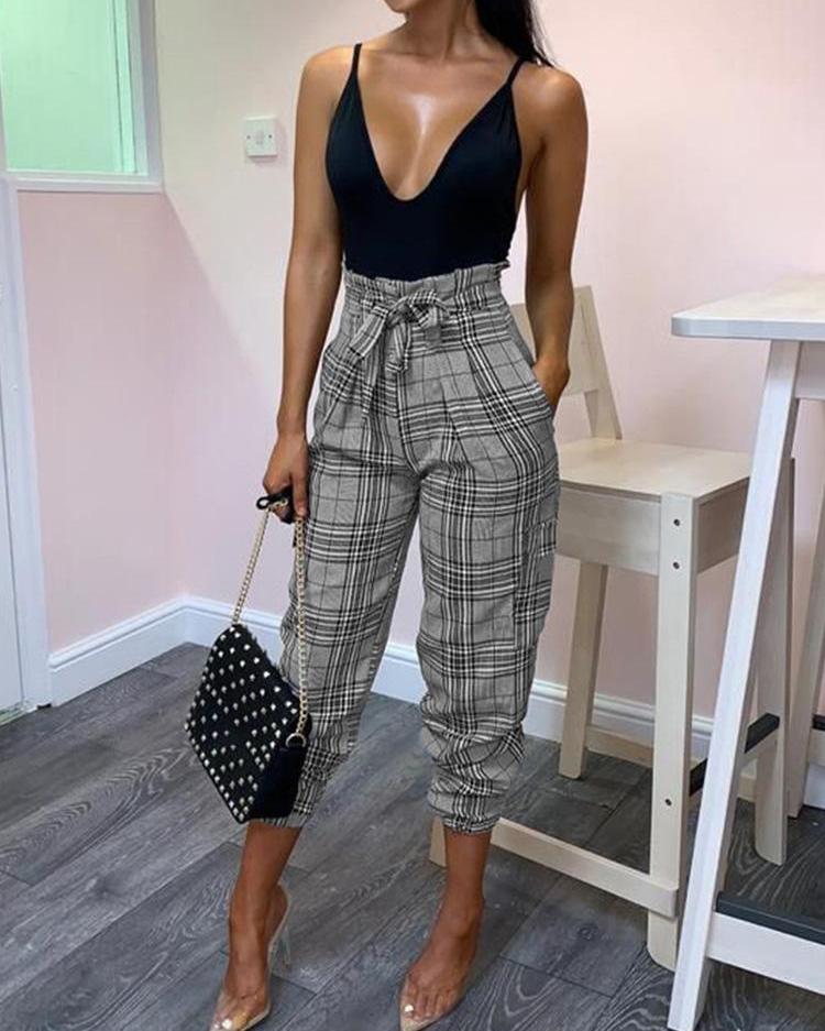 

High Waist Plaid Tied Waist Casual Pants, Gray