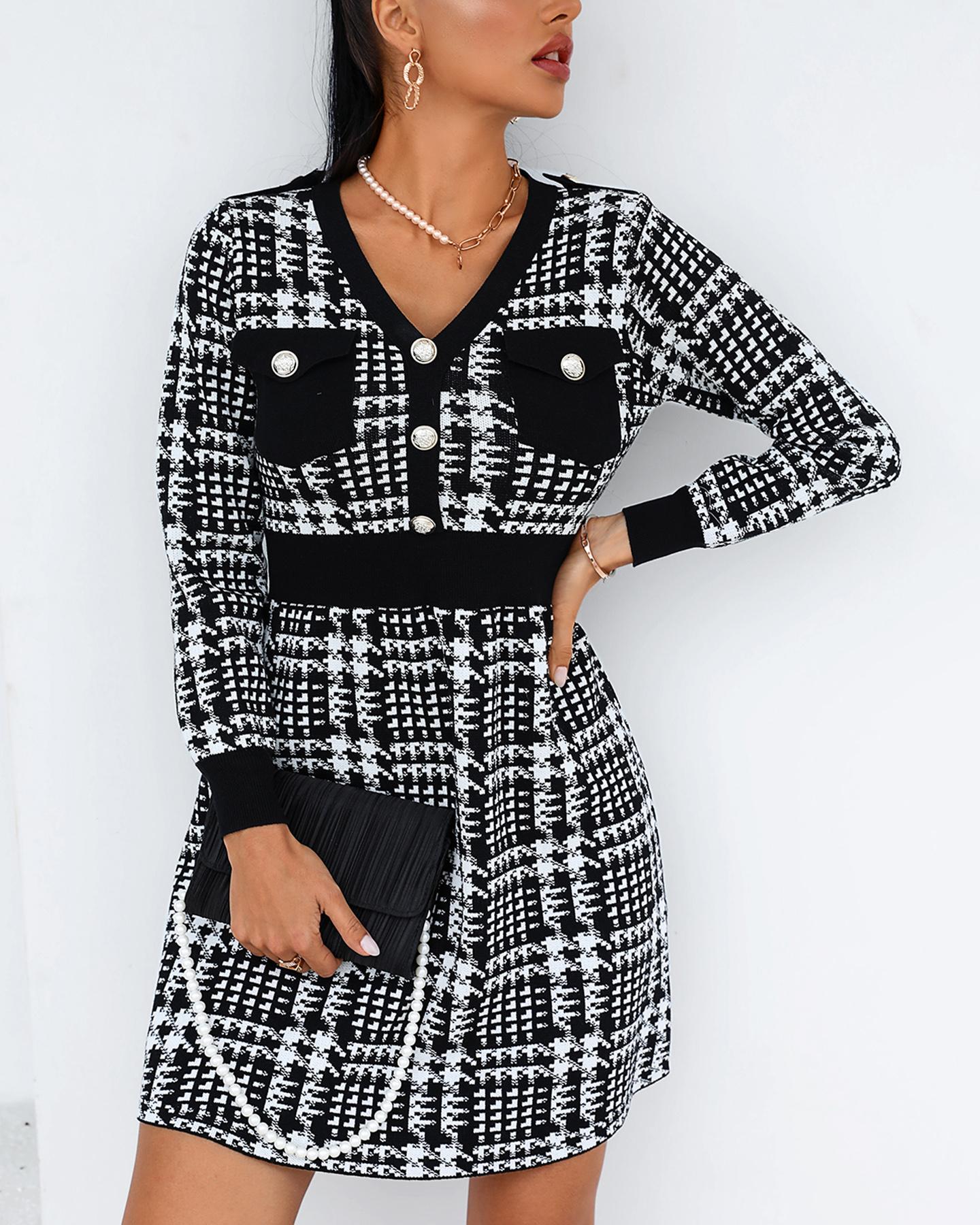 

Tweed Button Pocket Design Long Sleeve Dress, Black