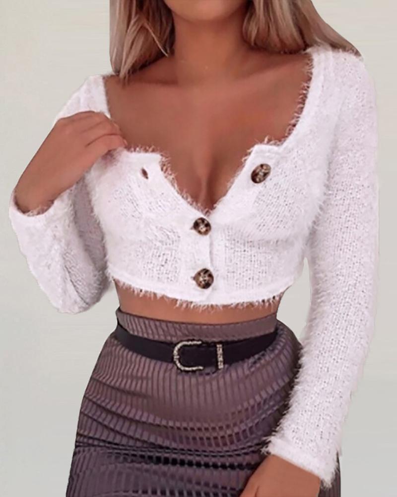 

Solid Long Sleeve Buttoned Crop Sweater, White