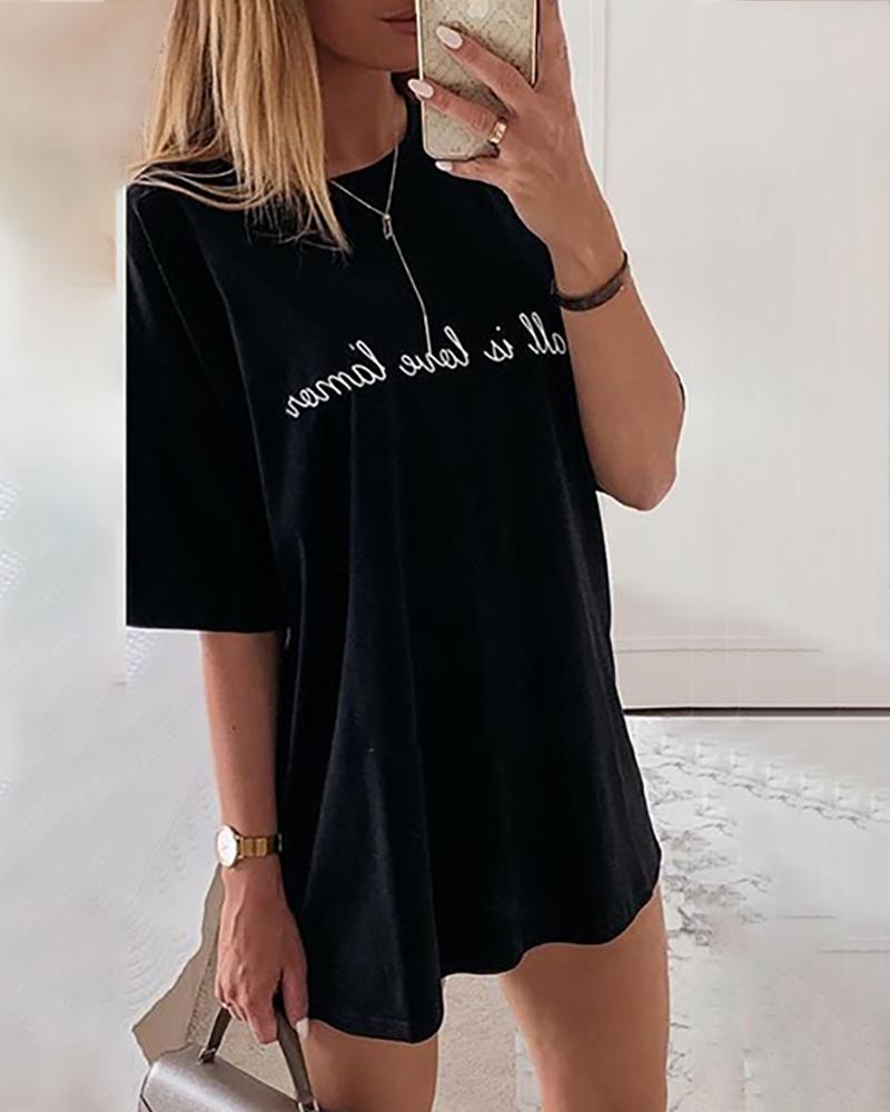 

Letter Pattern Short Sleeve Casual T-shirt Dress, Black