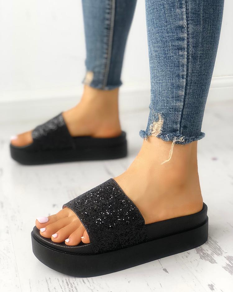 

Sequins Non-slip Platform Sandals, Black