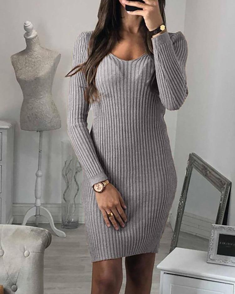 

V-Neck Long Sleeve Slinky Dress, Gray