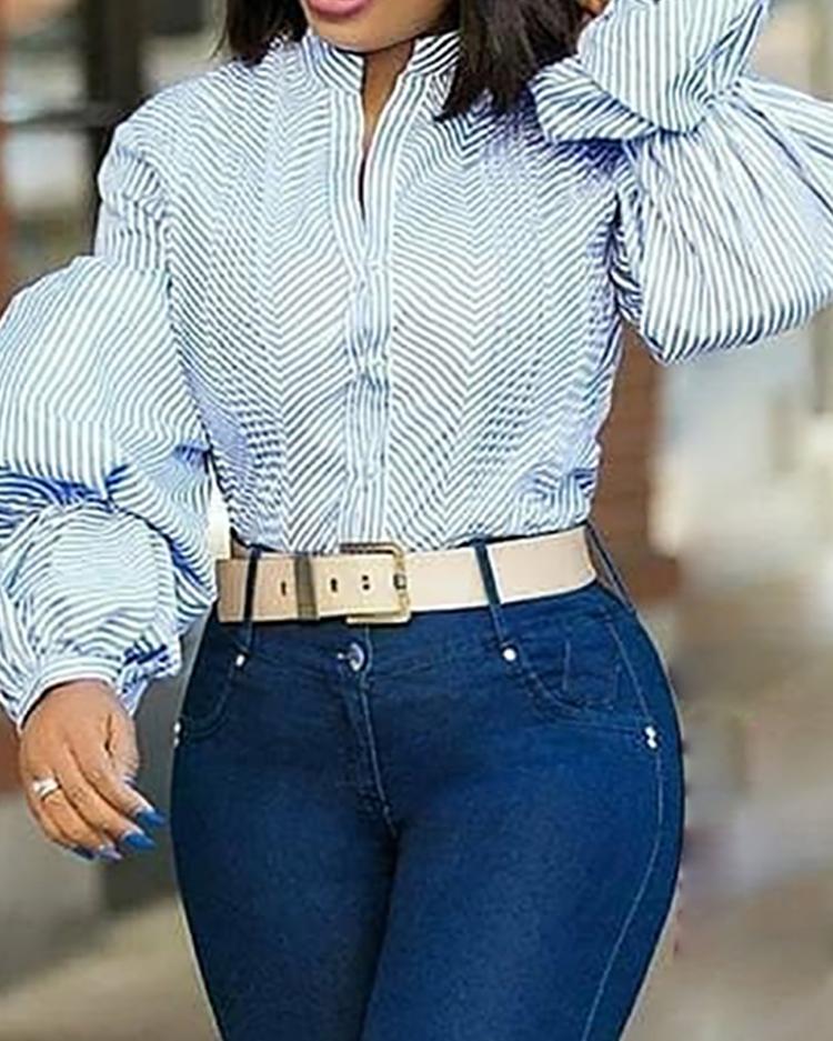 

Striped Lantern Sleeve Casual Blouse