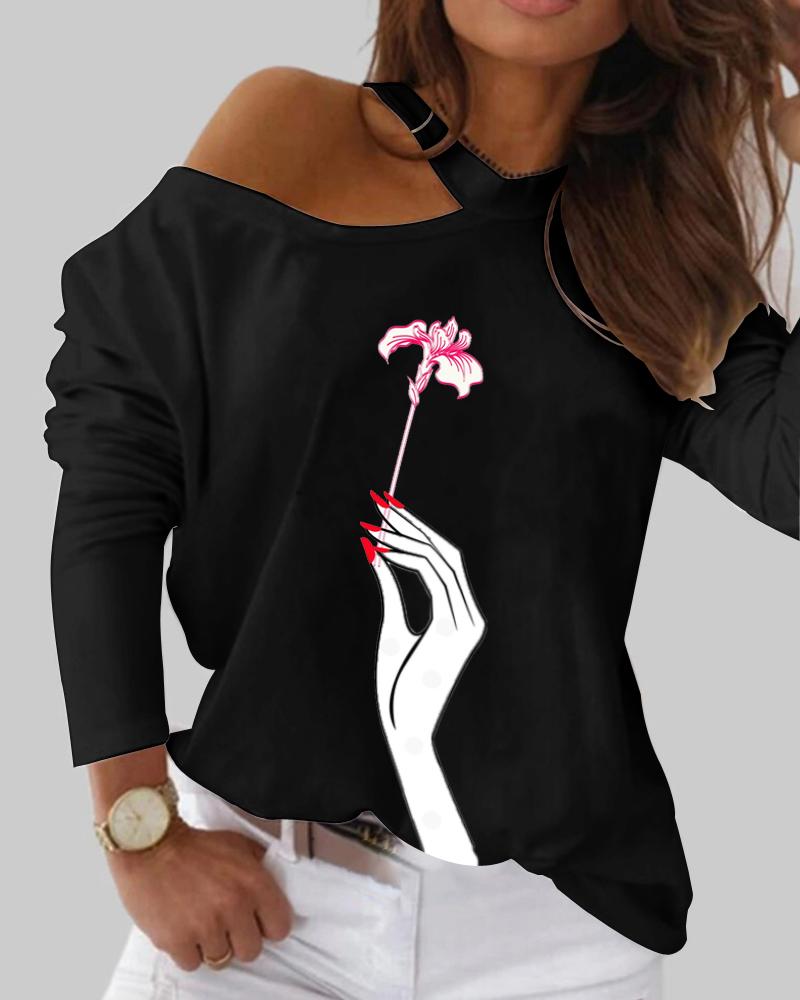 

Floral Slogan Print Long Sleeve One Shoulder Top, Black