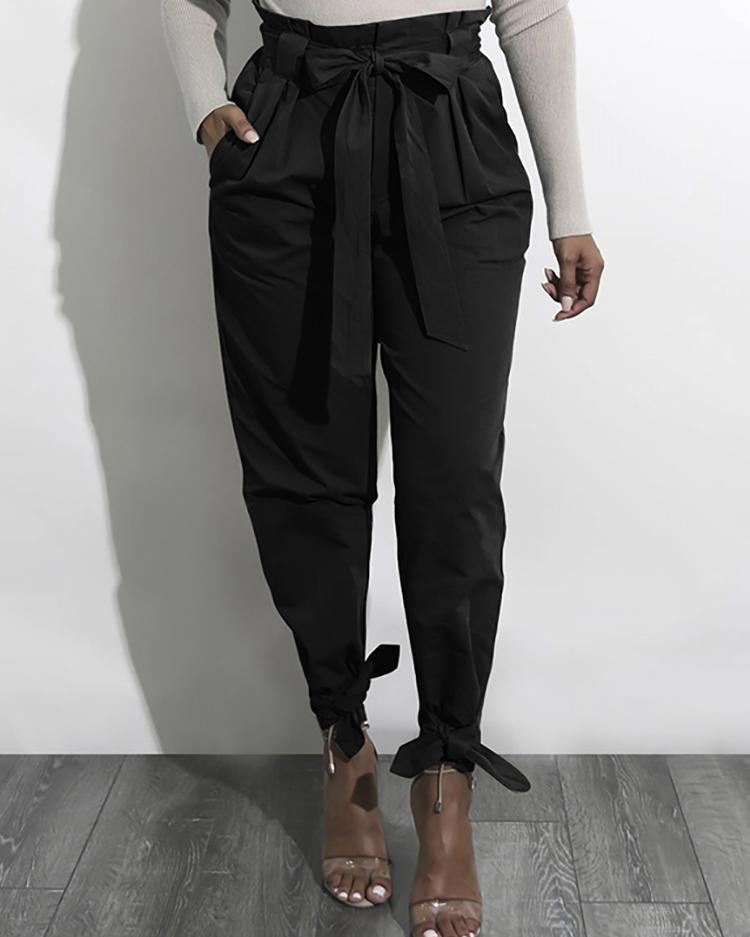 

Solid Ankle Tie High Waist Pants, Black