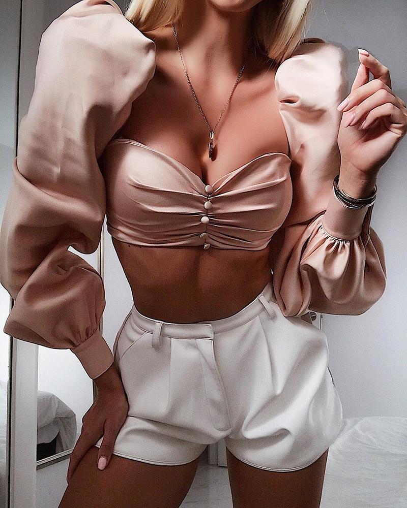 

Sweetheart Neck Puff Lantern Sleeve Twisted Crop Blouse, Pink