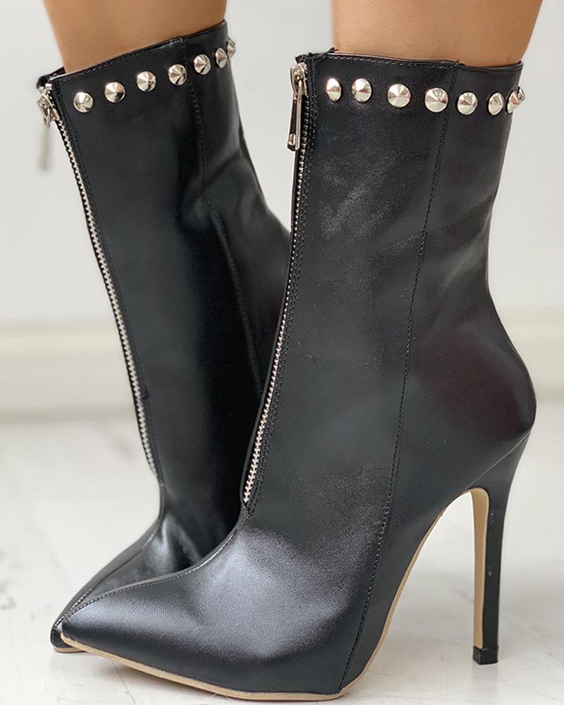 

Rivet Pointed Toe Thin Heeled Boots, Black