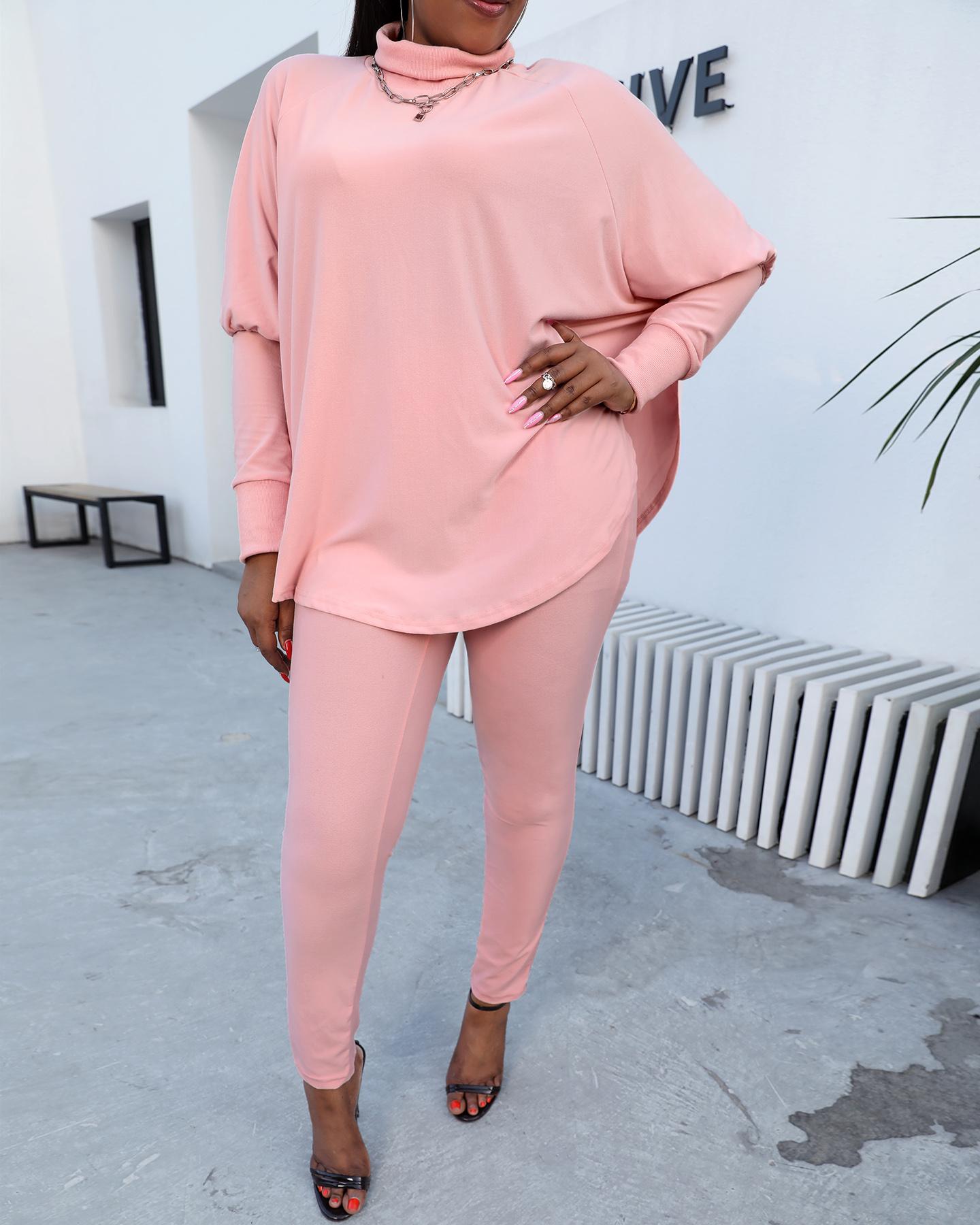 

High Neck Slit Top & Pants Set, Pink