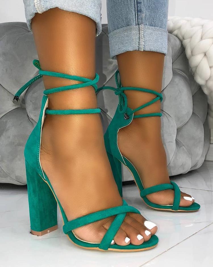 

Suede Crisscross Strappy Chunky Heeled Sandals, Green