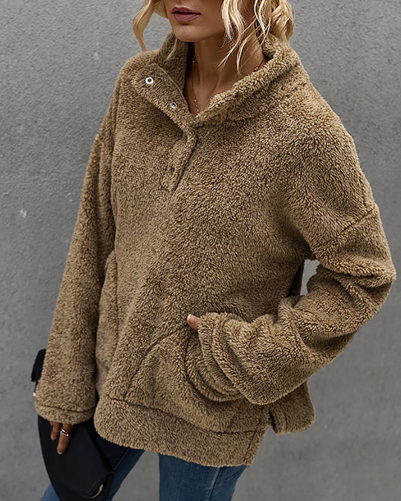 

Pocket Design Fluffy Long Sleeve Coat, Brown