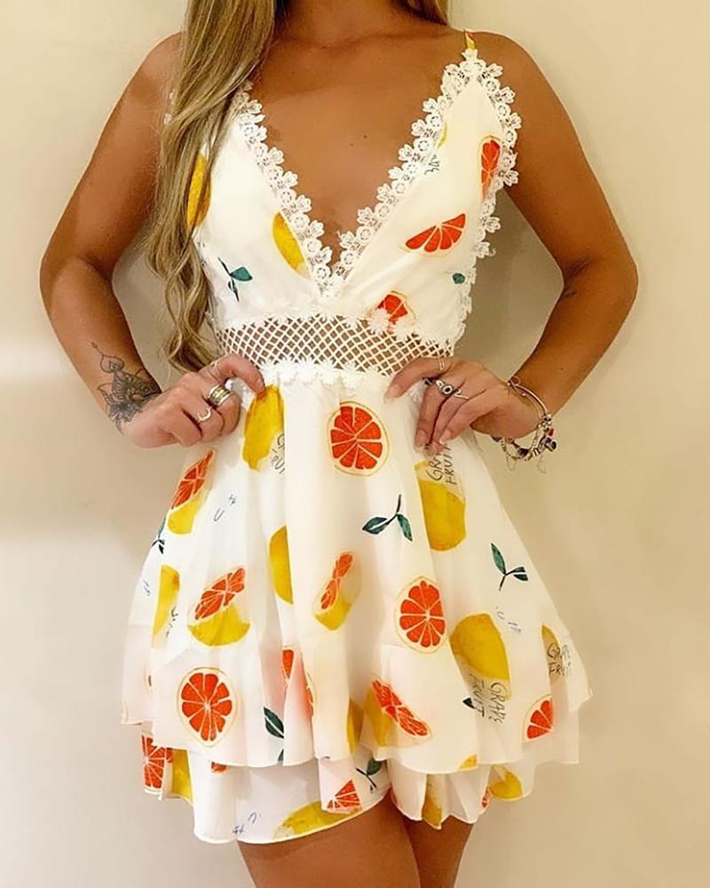 

V-neck Lace Lemon Print Dress, White