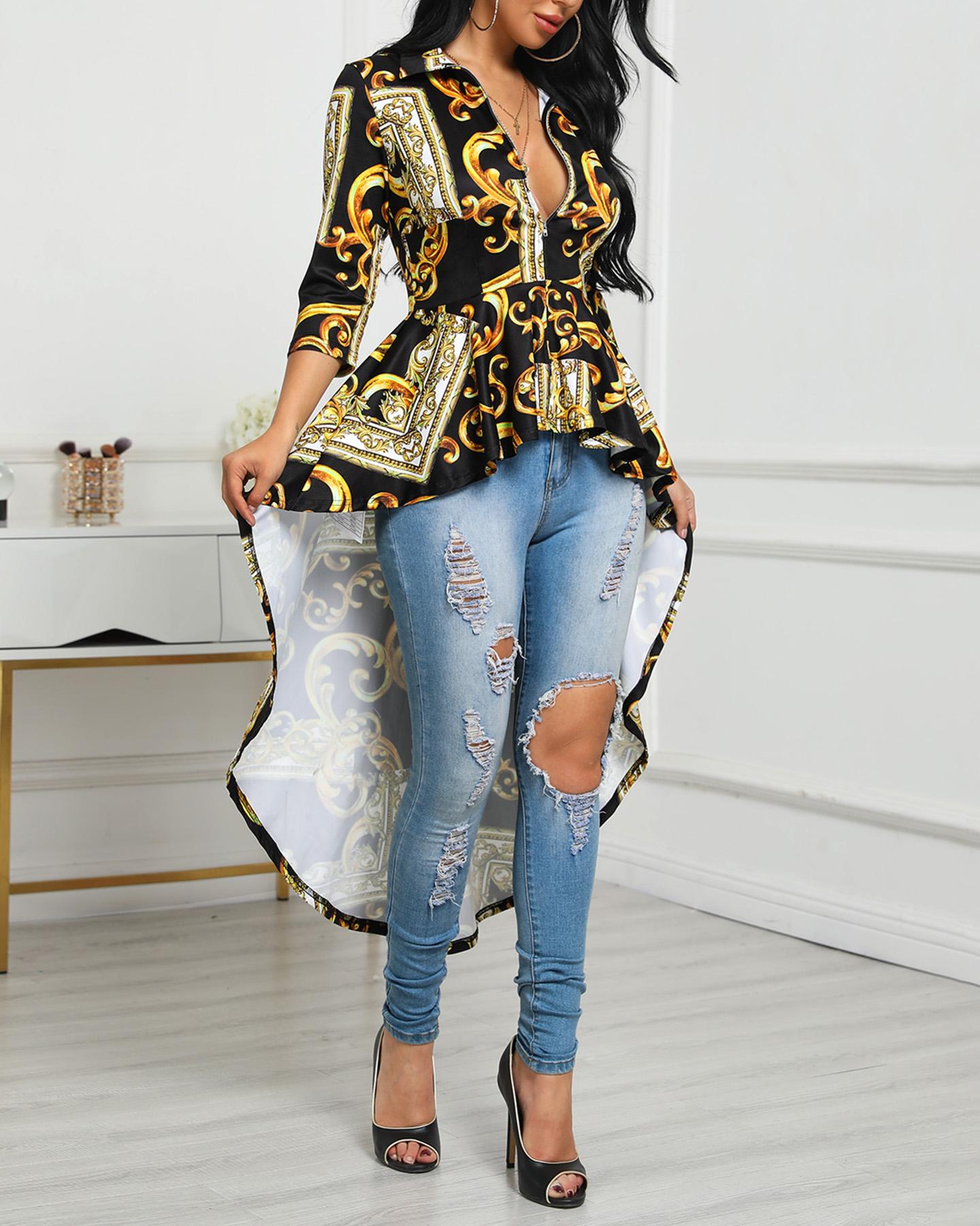

Zipper Design Print Dip Hem Blouse, Multicolor