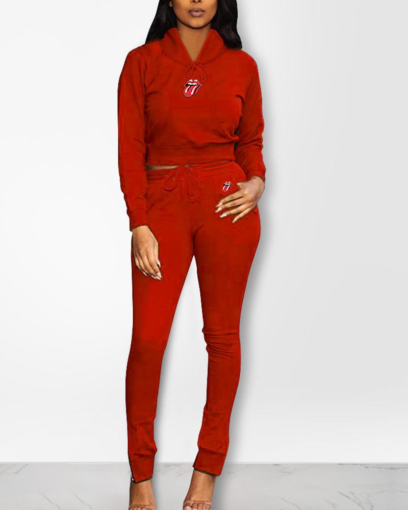 

Hooded Mouth Pattern Drawstring Tracksuit, Red