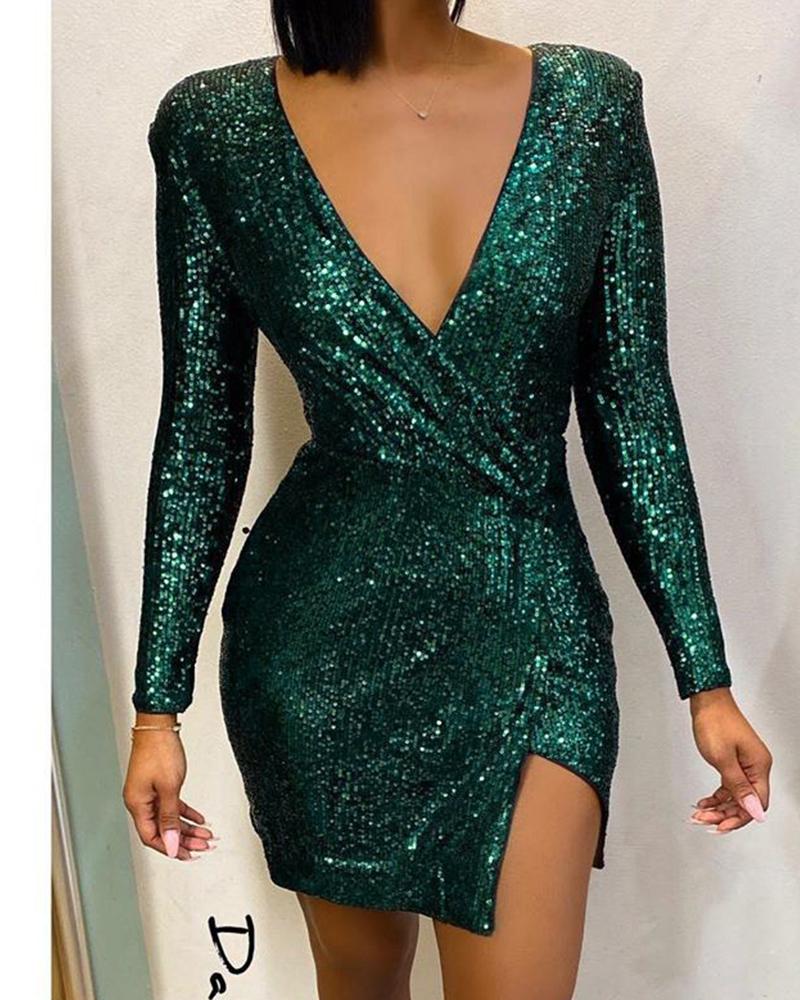 

Glitter V-Neck Long Sleeve Slit Sequins Bodycon Dress, Green